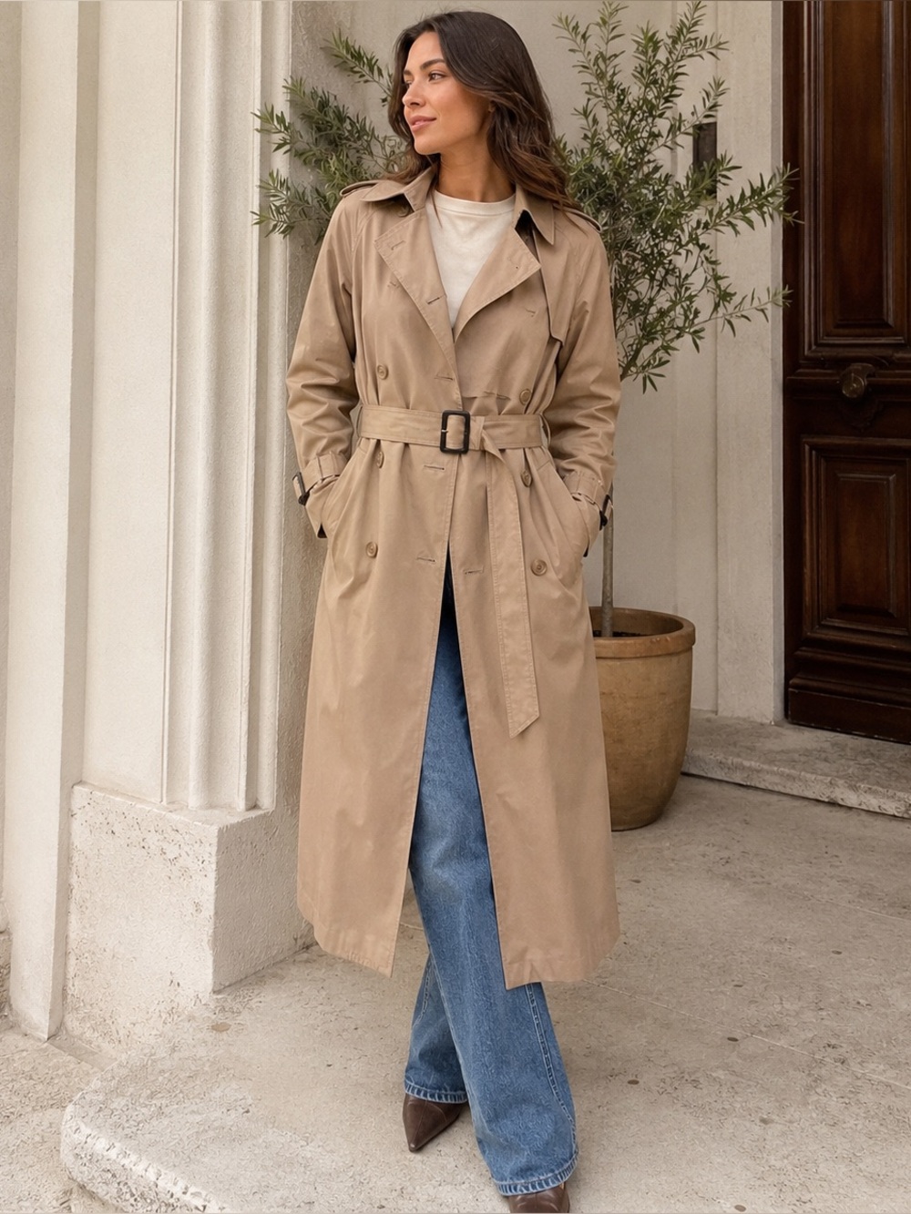 Vintage Ralph Lauren Double Breasted Tan Trench Coat Belted M/L